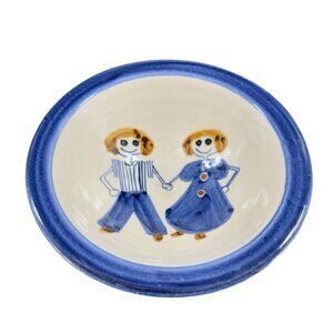 Studio Art Pottery Hand Made Bowl Dish With A Boy And Girl Holding Hands Signed